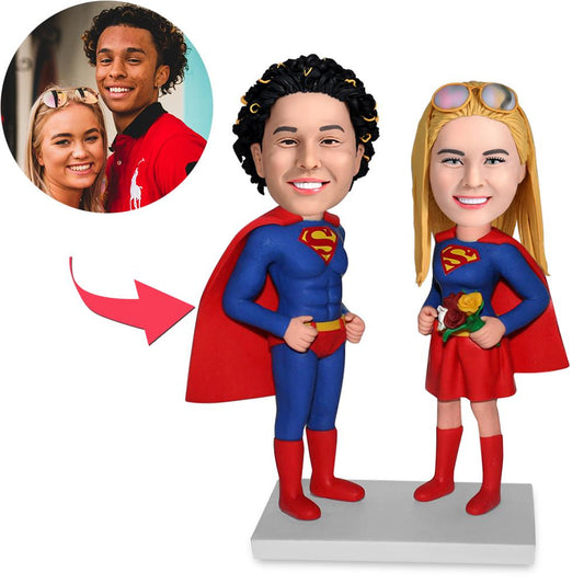 Personalised Couples Superman bobblehead with engraved text – handcrafted polymer clay figurine of a superhero couple; heads personalised from your photos