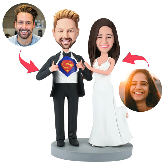 Wedding Superman personalised bobblehead in polymer clay with customised head and engraved base for names or a short message — ideal personalised wedding gift