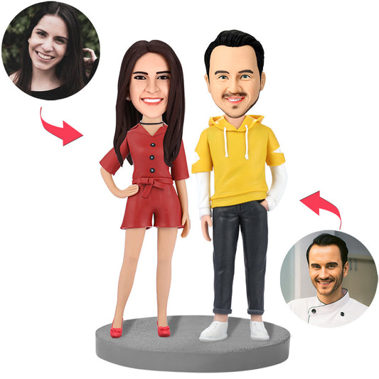 Personalised fashion couple bobblehead — hand-finished polymer clay figurines with custom heads from your photos and engraved base for names or message; ideal personalised anniversary or wedding keepsake for UK and Australia