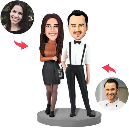 Personalised anniversary gift – modern couple bobblehead in formal wear, polymer clay couple figurine with personalised heads and engraved text keepsake