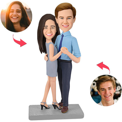 Happy Dancing Couple personalised bobblehead in polymer clay with engraved text on base, handcrafted custom heads made from photos — ideal personalised couple gift for anniversaries and weddings