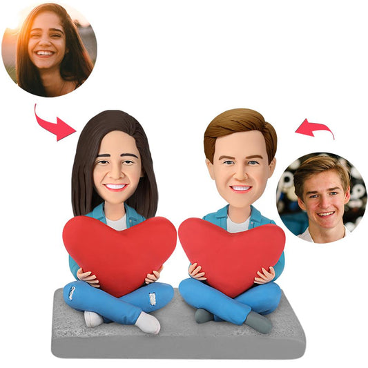 Personalised Heart Couple Bobblehead with engraved text on base — polymer clay custom bobblehead couple with personalised faces and hairstyles, ideal wedding or anniversary gift