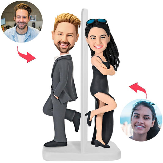 Mr & Mrs Smith personalised couple bobblehead in polymer clay with custom engraved text on the base — handcrafted wedding, engagement or anniversary gift
