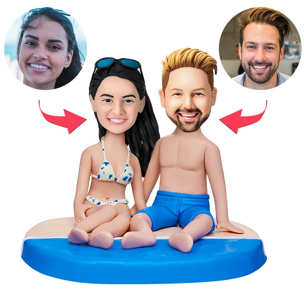 Personalised Couple Beach Bobblehead with Engraved Text - Handmade Sitting Pose