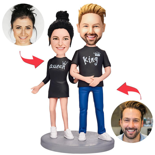 Personalised Queen & King couple bobbleheads in polymer clay with engraved text on the base — handcrafted, custom heads matched to photos; ideal personalised wedding, engagement or anniversary gift
