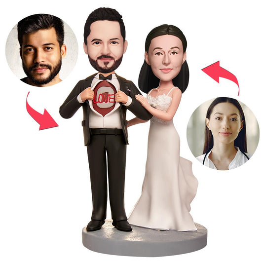 Personalised couples wedding dresses bobbleheads in polymer clay with engraved text on the base, custom wedding keepsake