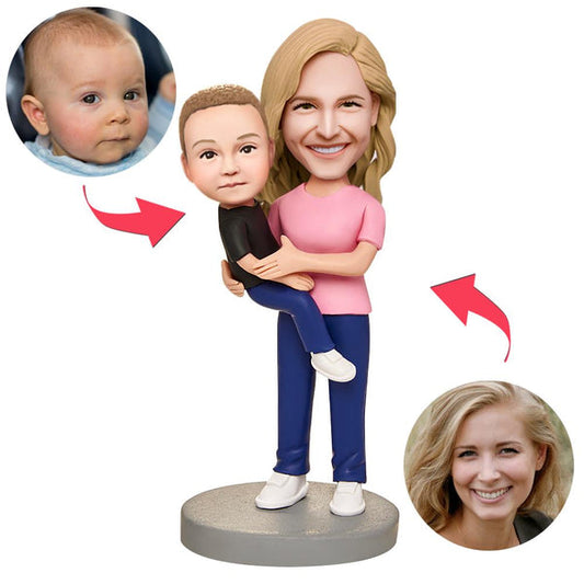 Personalised Mother & Baby Bobblehead with Engraved Text (Polymer Clay)