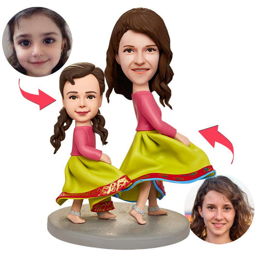 Personalised mother and daughter dancing bobbleheads – handmade polymer clay figurines with engraved text on the base, perfect personalised Mother’s Day gift
