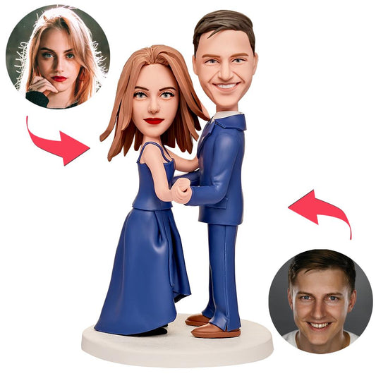 Formal Duet wedding anniversary personalised bobbleheads of a formally dressed couple, custom polymer clay heads matched to your photos with engraved base text — unique personalised anniversary keepsake