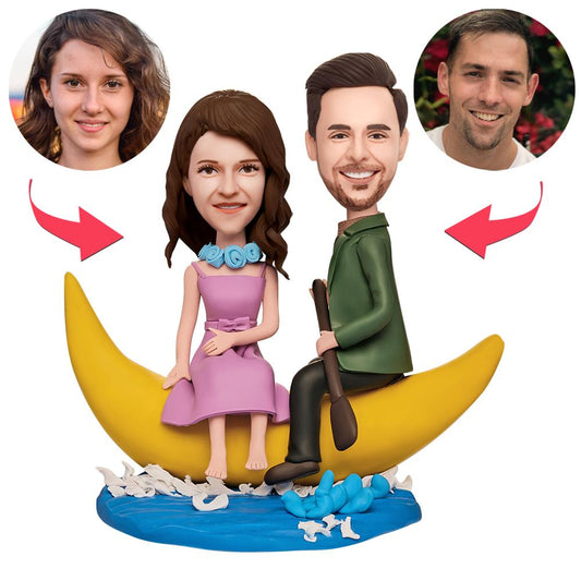 Personalised polymer clay boating couple bobbleheads on engraved wooden base, customised faces and hairstyles to match photos — ideal nautical anniversary or engagement gift