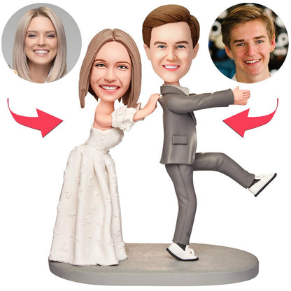 Personalised 'Don't Run' bridegroom bobblehead with engraved base and custom polymer clay head – perfect custom wedding bobblehead gift