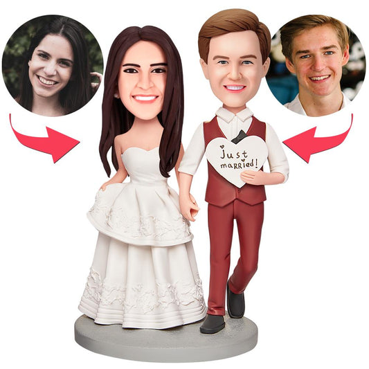 Just Married personalised polymer clay bobblehead couple standing on an engraved base — custom wedding bobblehead and unique wedding keepsake