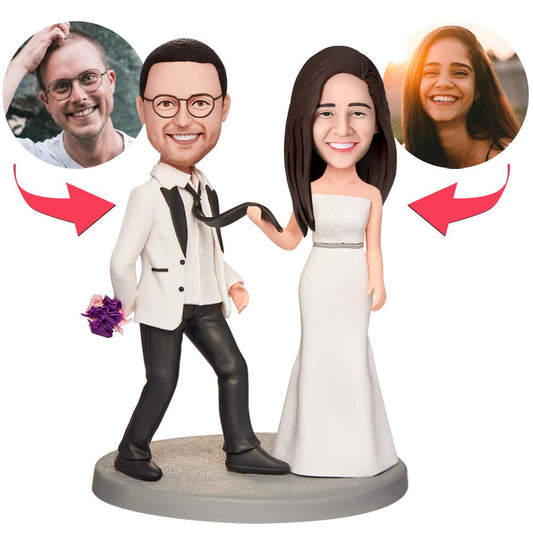 Personalised wedding bobblehead couple with engraved text on base, custom polymer clay wedding gift - full-body standing figures for a 'Get Married Together' keepsake