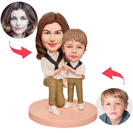 Personalised Mother and Son Heart Bobblehead with engraved text - polymer clay figurine of mother and son in a heart pose, personalised head likeness; ideal personalised mother and son gift, custom bobblehead UK and Australia