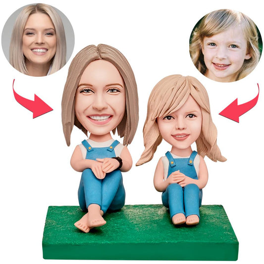 Personalised mother and daughter bobblehead in suspenders, handmade polymer clay figurine with customised heads and engraved keepsake base, ideal Mother's Day gift