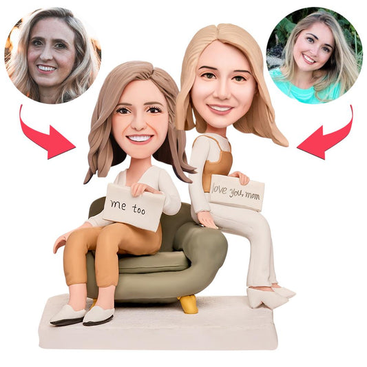 Personalised mother and daughter bobblehead with engraved text on base, hand-crafted polymer clay keepsake — custom Mother's Day gift