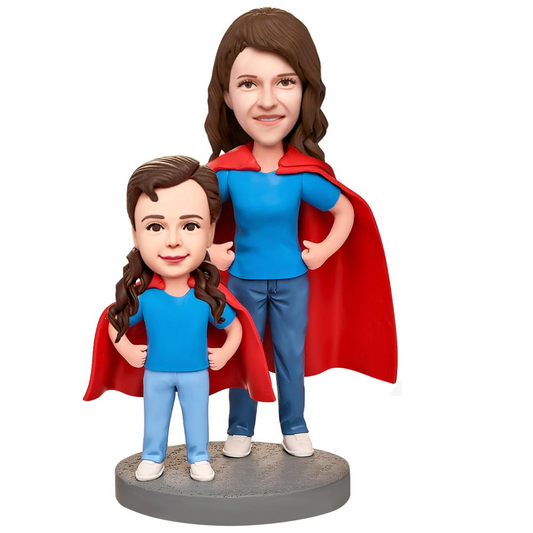 Personalised Super Mother and Daughter bobblehead in polymer clay with engraved base, custom head matching hairstyle and facial features — perfect keepsake gift