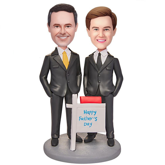 Father & Son personalised bobblehead in suits with engraved base, polymer clay figures with customised heads made from your photos