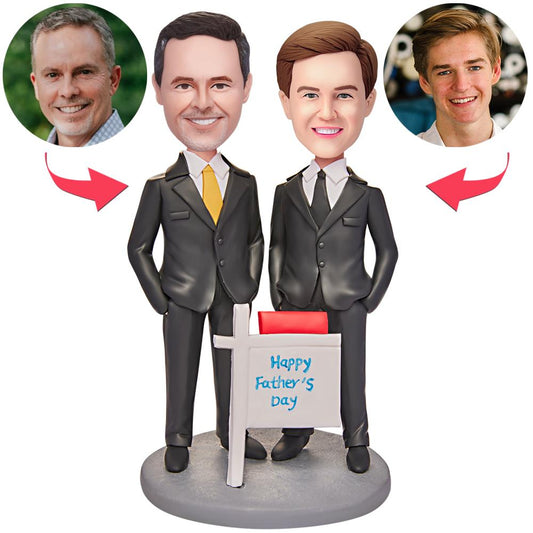 Father & Son personalised bobblehead in suits with engraved base, polymer clay figures with customised heads made from your photos