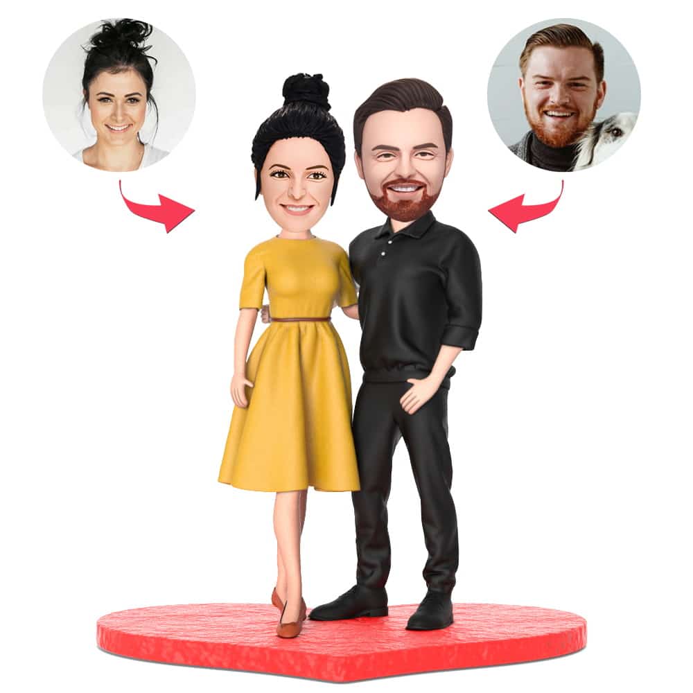 Custom couple bobblehead in business black suit and dress – personalised business bobblehead with heads modelled from your photos and engraved base text, ideal personalised office desk figurine or anniversary gift