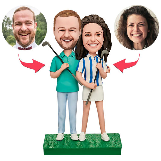 Personalised couple playing golf bobblehead with engraved base — handcrafted polymer clay custom golf figurine showing a couple with clubs, ideal wedding or anniversary keepsake