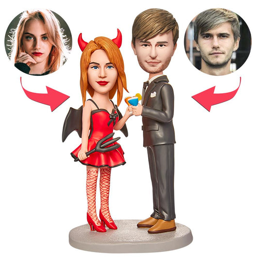 Halloween demon couple personalised bobblehead with engraved text on base — handcrafted polymer clay figurine, ideal spooky gift; custom bobble heads UK and Australia