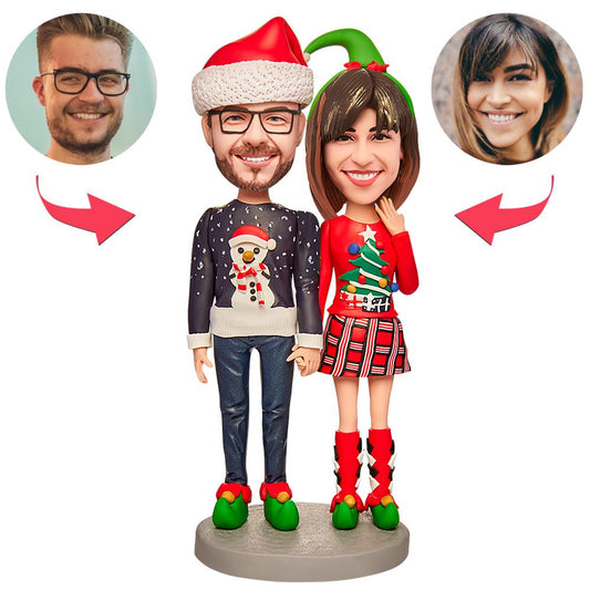 Christmas Lovers personalised bobblehead for couples with engraved text on base, handcrafted polymer clay couple figurine — perfect personalised Christmas gift or anniversary keepsake