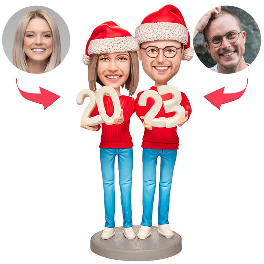 Christmas personalised polymer clay bobblehead with engraved text on the base — handmade festive keepsake and Happy New Year gift, ideal personalised bobblehead for UK & Australia