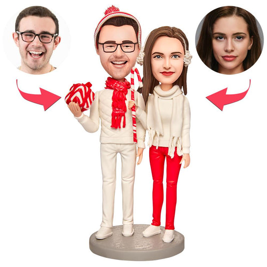 Christmas personalised couple bobblehead in polymer clay with engraved text on the base — custom bobblehead personalised Christmas gift and engraved keepsake for couples