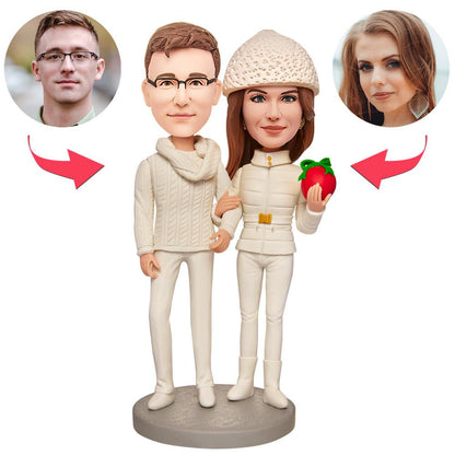 Personalised Couples Bobblehead in white — handcrafted polymer clay ornament with two customised heads and engraved text on the base, perfect Christmas gift or anniversary keepsake