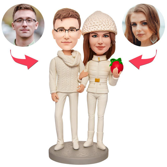 Personalised Couples Bobblehead in white — handcrafted polymer clay ornament with two customised heads and engraved text on the base, perfect Christmas gift or anniversary keepsake