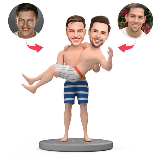 Personalised LGBT horizontal hug bobblehead with engraved text – custom gay gift for weddings and anniversaries; polymer clay figurine with a personalised head from your photo
