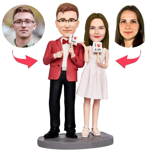 Valentine's personalised polymer clay custom bobblehead with I Love You engraving on the base — handcrafted keepsake with a customised head and detailed facial features