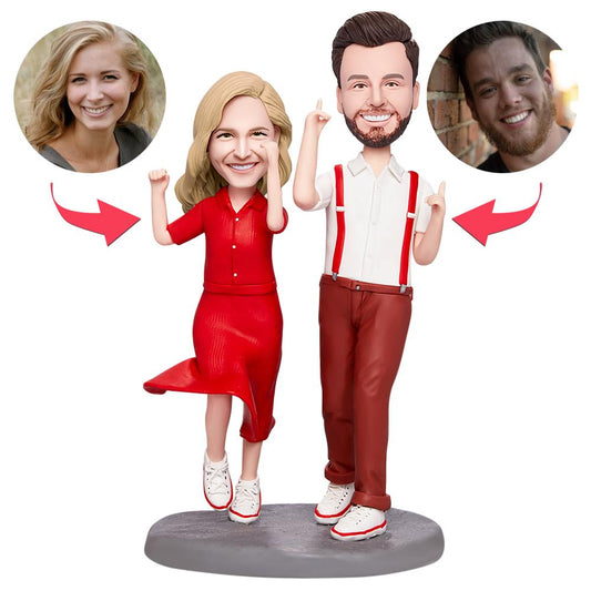 Personalised Valentine's dancing and singing bobblehead, handcrafted polymer clay with custom head likeness and engraved message on the base