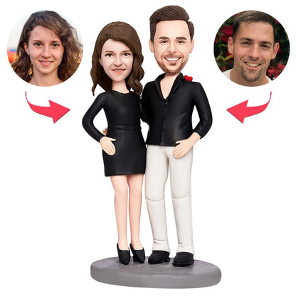 Black personalised Valentine's couple bobblehead – polymer clay keepsake with customised heads and engraved text, perfect romantic gift for couples