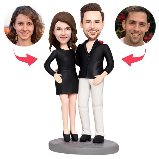 Black personalised Valentine's couple bobblehead – polymer clay keepsake with customised heads and engraved text, perfect romantic gift for couples