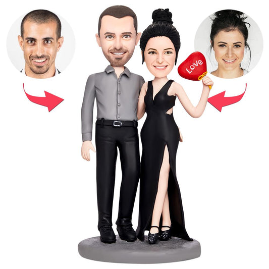 Valentine's personalised polymer-clay bobblehead with customised head from your photo and engraved text on the base — hand-finished romantic gift for partners in the UK and Australia