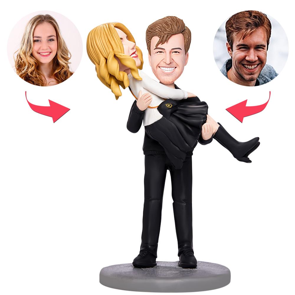 Personalised Valentine's bobblehead for wife — handcrafted polymer clay couple keepsake with customised head and engraved text on base, romantic anniversary or Valentine's gift
