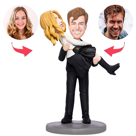 Personalised Valentine's bobblehead for wife — handcrafted polymer clay couple keepsake with customised head and engraved text on base, romantic anniversary or Valentine's gift