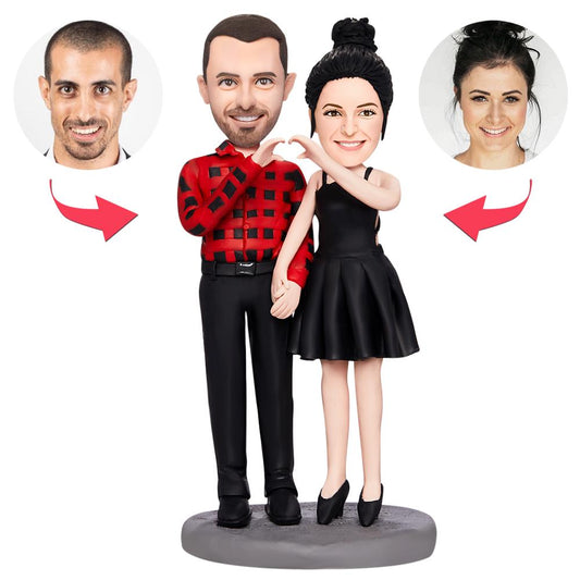 Valentine's personalised couple bobblehead in polymer clay with engraved base and red love balloons — customised heads from your photos, romantic gift
