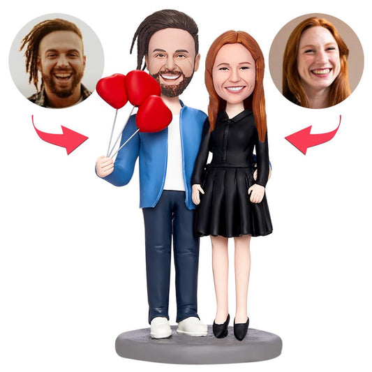 Valentines gift personalised couple bobblehead with love balloons and engraved text, polymer clay figurine of standing couple with custom heads