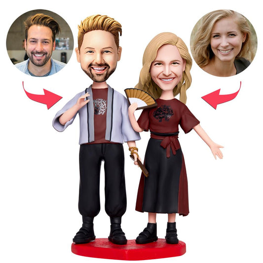 Valentine's personalised lover bobblehead with custom head, engraved text on base and handcrafted polymer clay couple figure