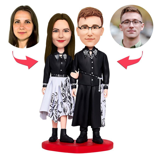 Valentine's gift loving couple custom bobblehead with engraved text on base — polymer clay couple figurine with customised heads in standing pose, perfect personalised keepsake