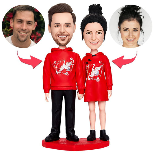 Valentine's personalised couple polymer clay bobblehead in red with custom engraved text on the base — romantic custom bobblehead and engraved bobblehead gift, perfect personalised couple gift UK or personalised bobblehead Australia