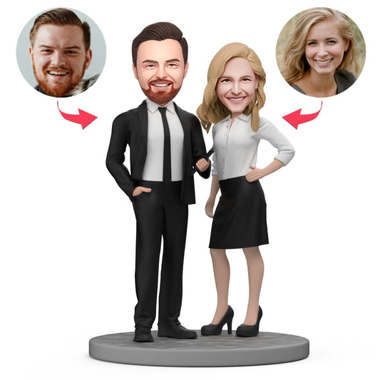 Boss's Day Sale personalised polymer clay bobblehead for male and female partners — custom head (hairstyle & expression), stationary or bobble option