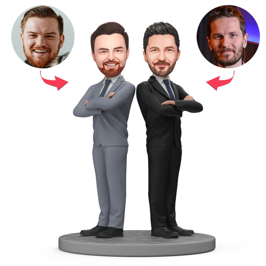 Boss's Day personalised back-to-back bobblehead of two business partners in smart office attire - custom polymer clay gift with personalised heads