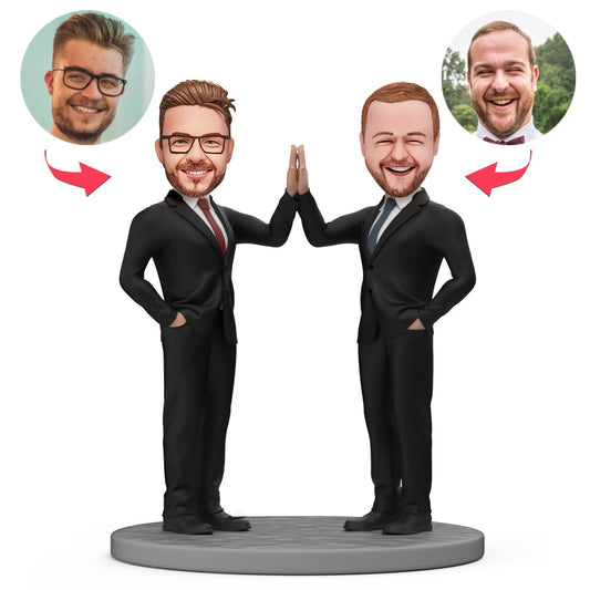 Personalised partner bobblehead – handcrafted polymer clay custom gift for colleagues and team-mates, front view showing customised head and hand-painted details