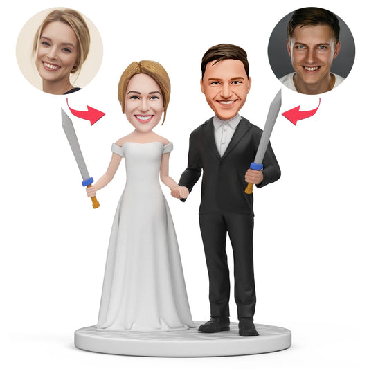 Personalised groom and bride bobblehead holding sword with engraved text on base hand-finished polymer clay custom couple figurine wedding gift