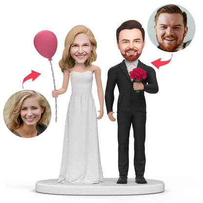 Bride & Groom Balloon Flowers custom bobblehead – personalised polymer clay head likeness on bride and groom couple with engraved keepsake base, perfect wedding gift