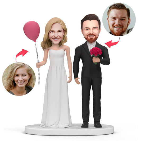 Bride & Groom Balloon Flowers custom bobblehead – personalised polymer clay head likeness on bride and groom couple with engraved keepsake base, perfect wedding gift